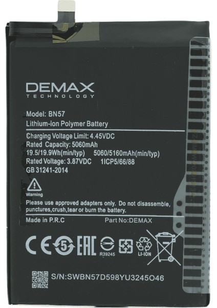 Demax Xiaomi Poco X3 Pro Güçlendirilmiş Batarya BN57