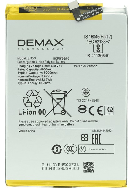 Demax Xiaomi Redmi 13 C Güçlendirilmiş Batarya BN5Q