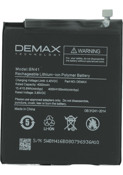 Demax Xiaomi Redmi Note 4A Güçlendirilmiş Batarya BN41