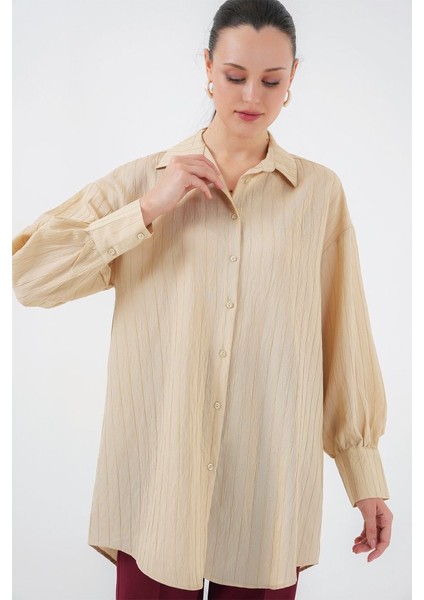 Çizgili Uzun Gömlek Tunik 5963 - Bej