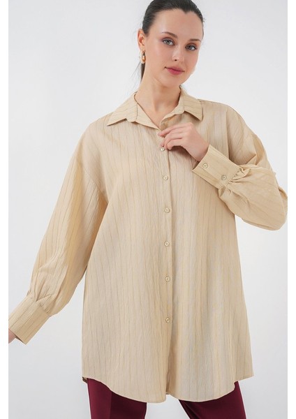 Çizgili Uzun Gömlek Tunik 5963 - Bej modelleri