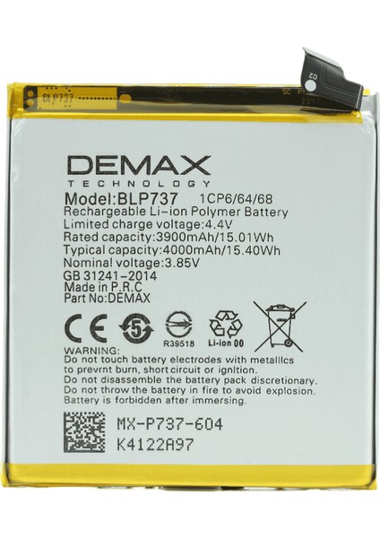 Demax Oppo Reno 2z Güçlendirilmiş Batarya BLP737
