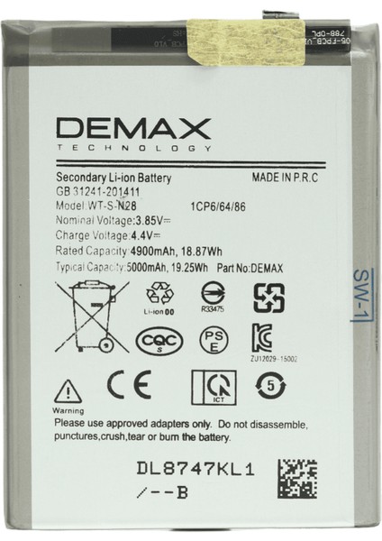Demax Samsung Galaxy A05 Güçlendirilmiş Batarya WT-S-N28