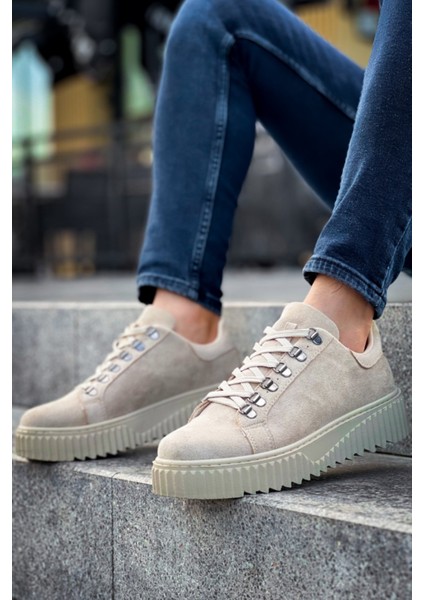 BA0505 Çengel Bağcıklı Krem Renk Yüksek Tabanlı Günlük Ayakkabı