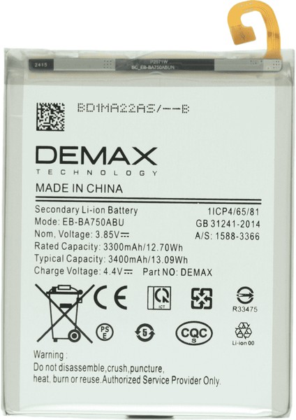Demax Samsung Galaxy A10 Güçlendirilmiş Batarya EB-BA750ABU