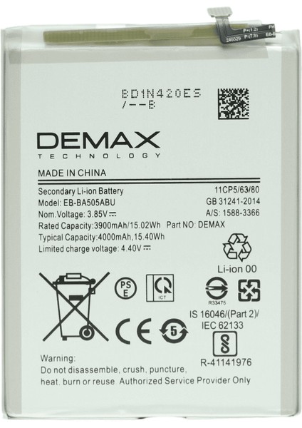 Demax Samsung Galaxy A50 Güçlendirilmiş Batarya EB-BA505ABU