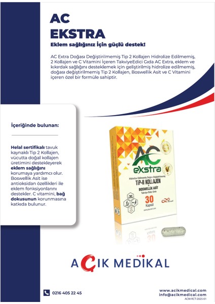 Tip 2 Kollajen, Doğası Değiştirilmemiş Tip 2 Kollajen, 30 Kapsül, AC EKSTRA