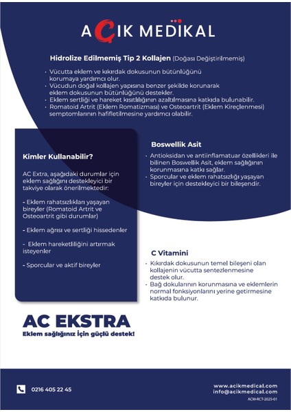 Tip 2 Kollajen, Doğası Değiştirilmemiş Tip 2 Kollajen, 30 Kapsül, AC EKSTRA
