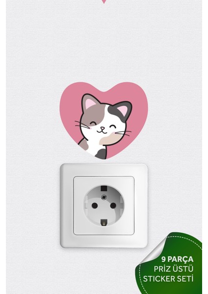 Priz Üstü 9lu Kalpli Kediler Sticker Seti, Çocuk Bebek Odası Kedili Duvar Çıkartmaları
