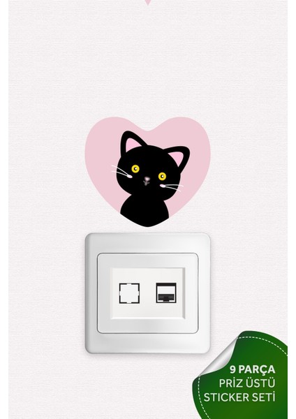 Priz Üstü 9lu Kalpli Kediler Sticker Seti, Çocuk Bebek Odası Kedili Duvar Çıkartmaları modelleri