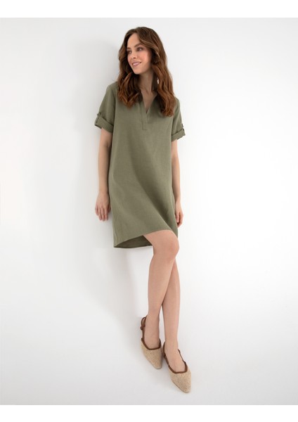 Kadın Haki Regular Fit Keten Kısa Dokuma Elbise 50309345-VR027