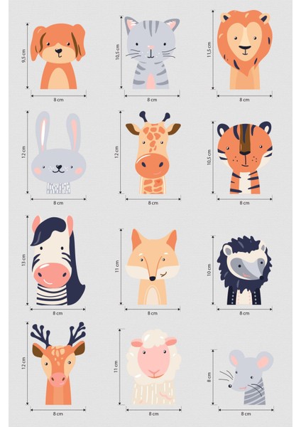 Priz Üstü 12LI Sevimli Safari Hayvanları Sticker Seti, Çocuk Bebek Odası Duvar Stickeri