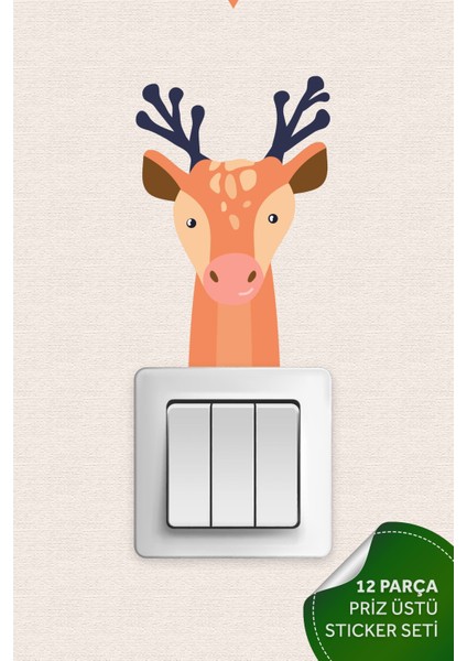 Priz Üstü 12LI Sevimli Safari Hayvanları Sticker Seti, Çocuk Bebek Odası Duvar Stickeri