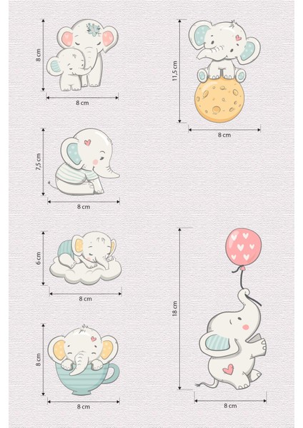 Priz Üstü 6lı Sevimli ve Eğlenceli Filler Sticker Seti, Bebek Odası Kreş Anaokulu Duvar Stickeri
