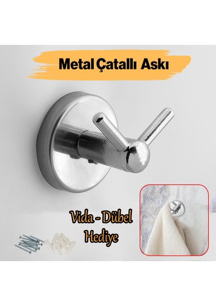Vidalı Banyo Lavabo Askısı Çatal 2'li Askılık Krom Renk Metal Sağlam Aparat Bornoz Havlu Asma Askı
