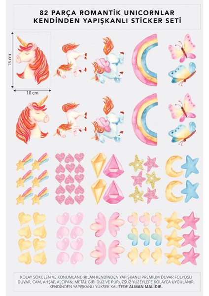 Romantik Unicornlar 82 Parça Sticker Seti, Kreş Anaokulu Duvar Çıkartmaları, Duvar Sticker