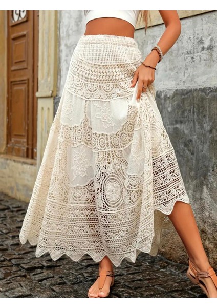 Yazlık Stil Orta Bel Etek, Bohem Tarzı Dantel Detayı Uzun Boy Kayısı Renk