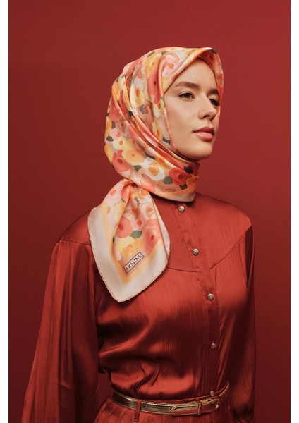 Çiçek Desenli Saf İpek Twill Eşarp 9305 01