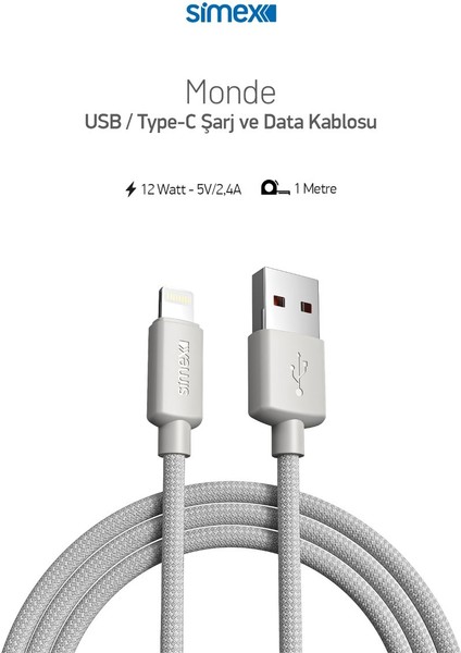 Monde 12 Watt - 5V/2.4A Pd 3.0& Qc4 Destekli USB To Lightning Şarj ve Data Kablosu fiyatları