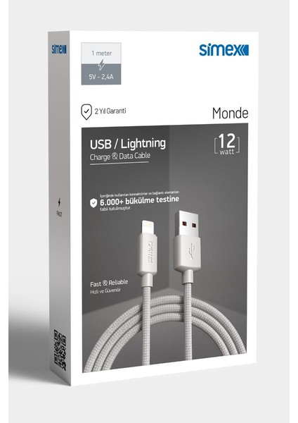 Monde 12 Watt - 5V/2.4A Pd 3.0& Qc4 Destekli USB To Lightning Şarj ve Data Kablosu modelleri