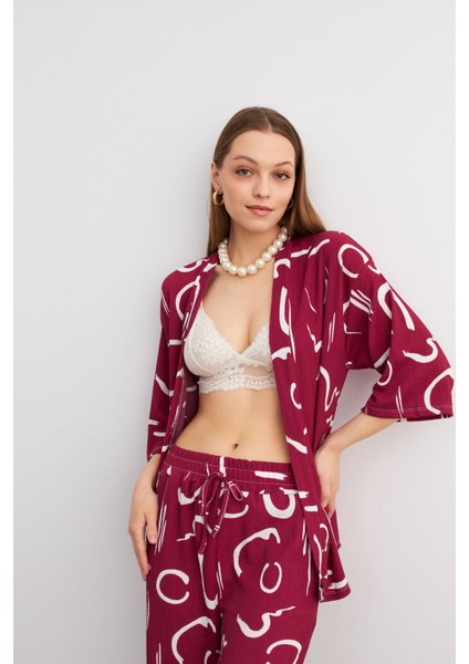Kadın Bordo Desenli Kimono Gömlek Pantolon Takım