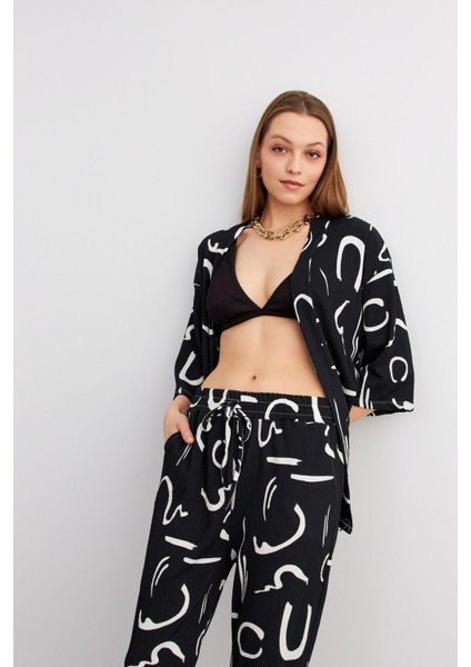 Kadın Siyah Desenli Kimono Gömlek Pantolon Takım