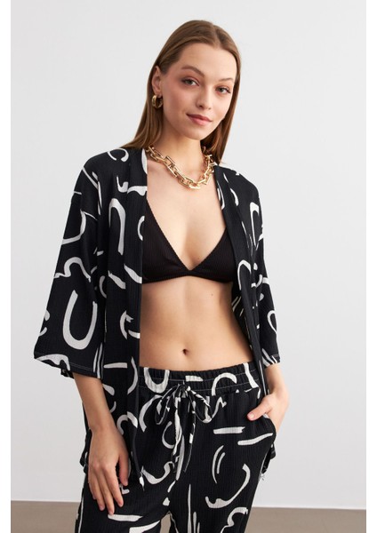Kadın Siyah Desenli Kimono Gömlek Pantolon Takım