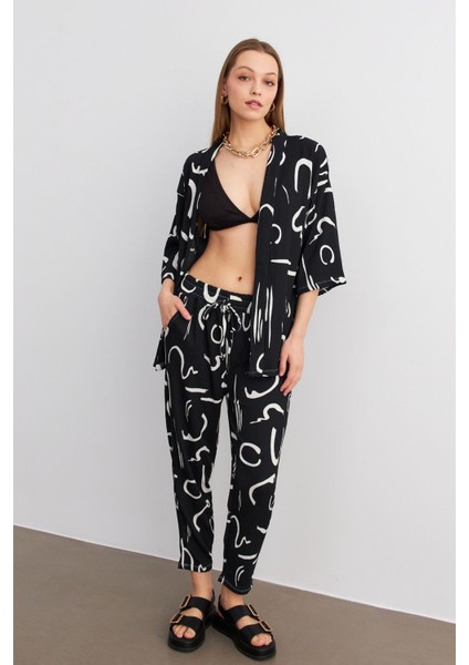 Kadın Siyah Desenli Kimono Gömlek Pantolon Takım