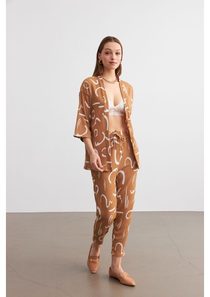 Kadın Camel Desenli Kimono Gömlek Pantolon Takım