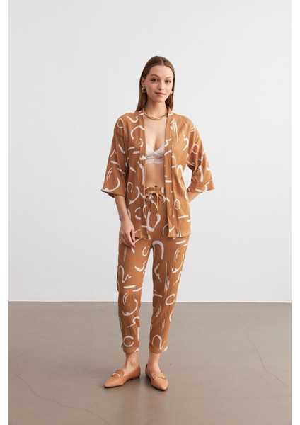Kadın Camel Desenli Kimono Gömlek Pantolon Takım