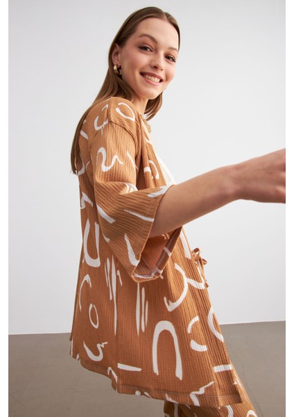 Kadın Camel Desenli Kimono Gömlek Pantolon Takım