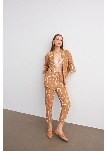 Kadın Camel Desenli Kimono Gömlek Pantolon Takım