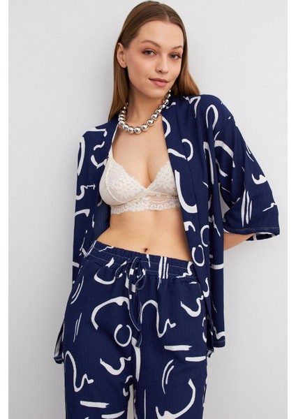 Kadın Lacivert Desenli Kimono Gömlek Pantolon Takım