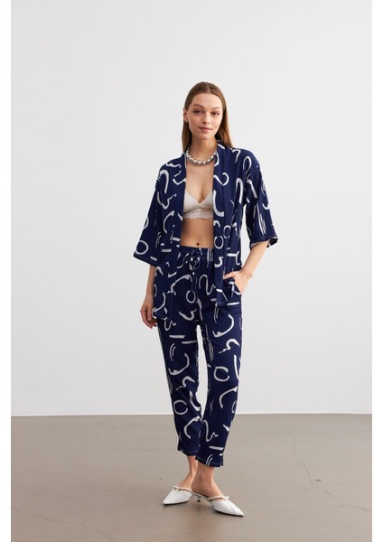 Kadın Lacivert Desenli Kimono Gömlek Pantolon Takım