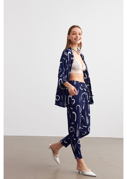 Kadın Lacivert Desenli Kimono Gömlek Pantolon Takım