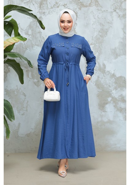 Düğmeli Indigo Mavisi Tesettür Elbise 17131IM