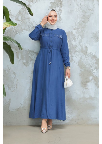 Düğmeli Indigo Mavisi Tesettür Elbise 17131IM fiyatları