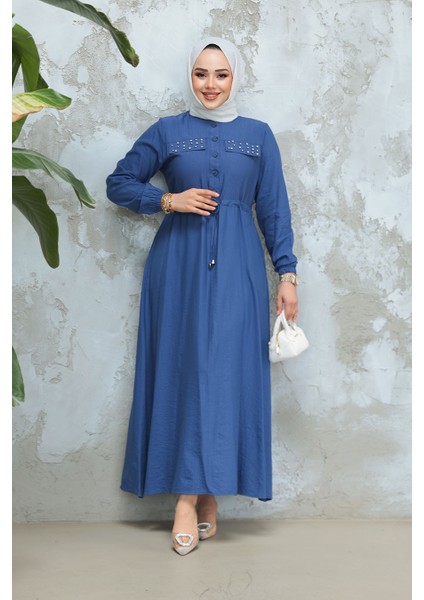 Düğmeli Indigo Mavisi Tesettür Elbise 17131IM modelleri
