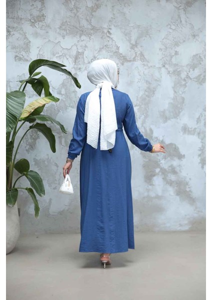 Düğmeli Indigo Mavisi Tesettür Elbise 17131IM fırsatları