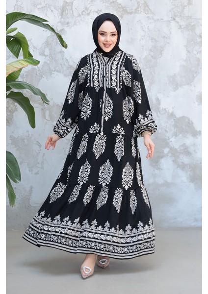 Çiçek Desenli Siyah Tesettür Elbise 18242S