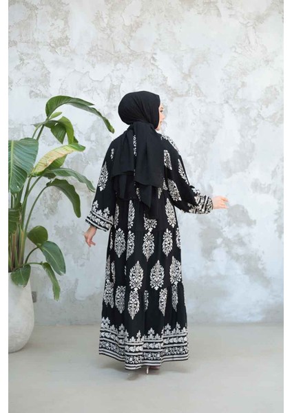 Çiçek Desenli Siyah Tesettür Elbise 18242S modelleri