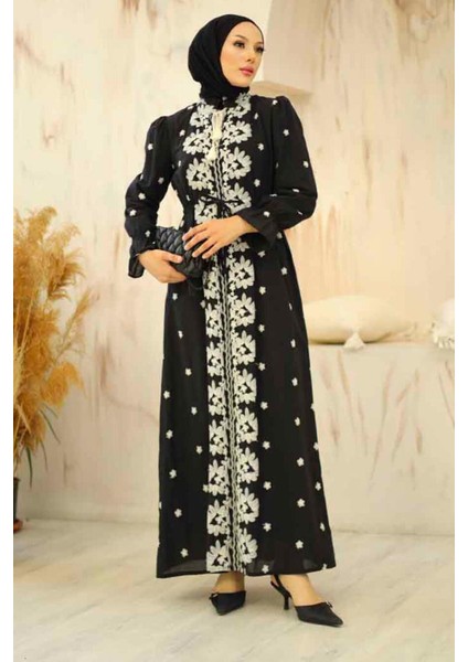 Desenli Siyah Tesettür Elbise 13503S