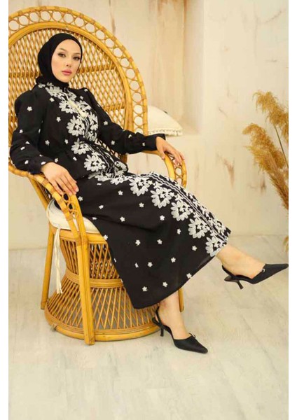 Desenli Siyah Tesettür Elbise 13503S fiyatları