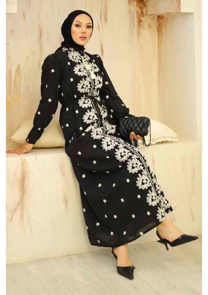 Desenli Siyah Tesettür Elbise 13503S modelleri