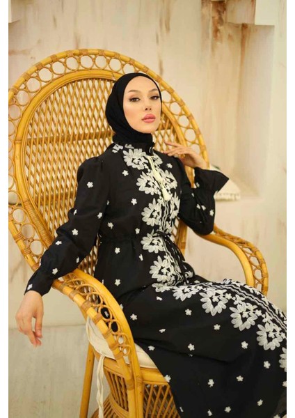 Desenli Siyah Tesettür Elbise 13503S fırsatları