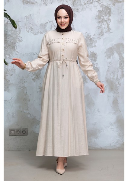 Düğmeli Bej Tesettür Elbise 17131BEJ