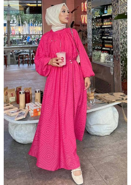 Desenli Fuşya Tesettür Elbise 14291F