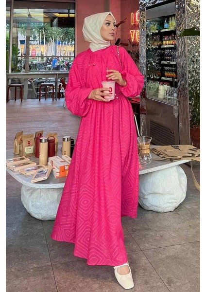 Desenli Fuşya Tesettür Elbise 14291F fiyatları