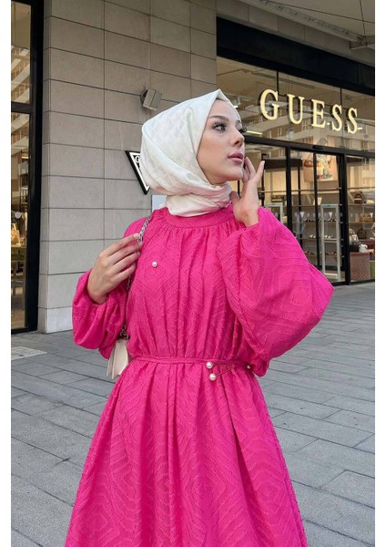 Desenli Fuşya Tesettür Elbise 14291F modelleri