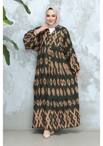 Desenli Haki Tesettür Elbise 30052HK